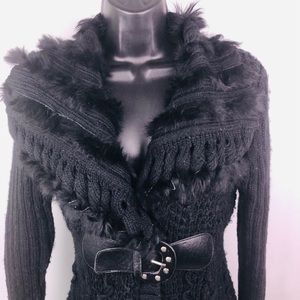 Fur collar Knitted black jacket